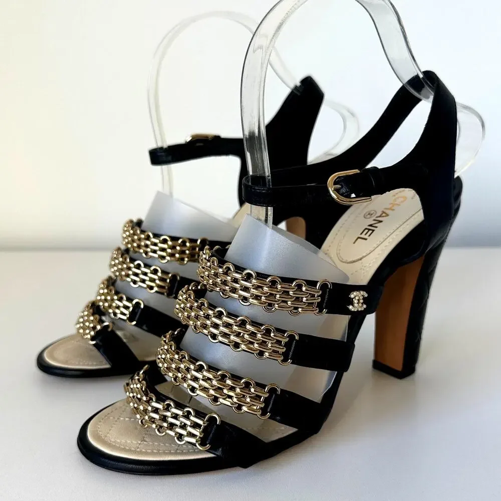 CHANEL CC Logo Black Lambskin Quilted Heels Gold Chain Strap Sandals IT 39